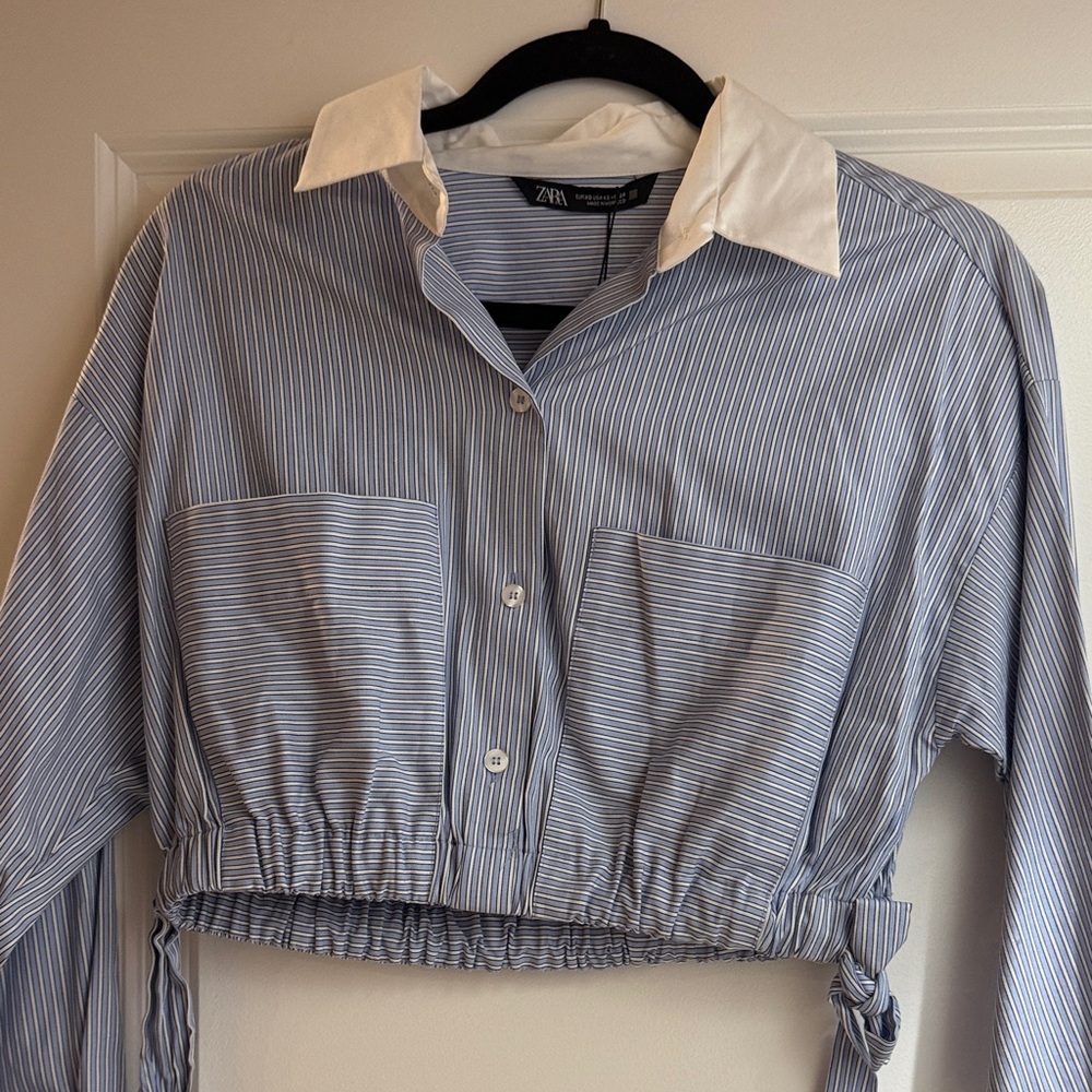 Zara Blue and White Striped Button-Up Top